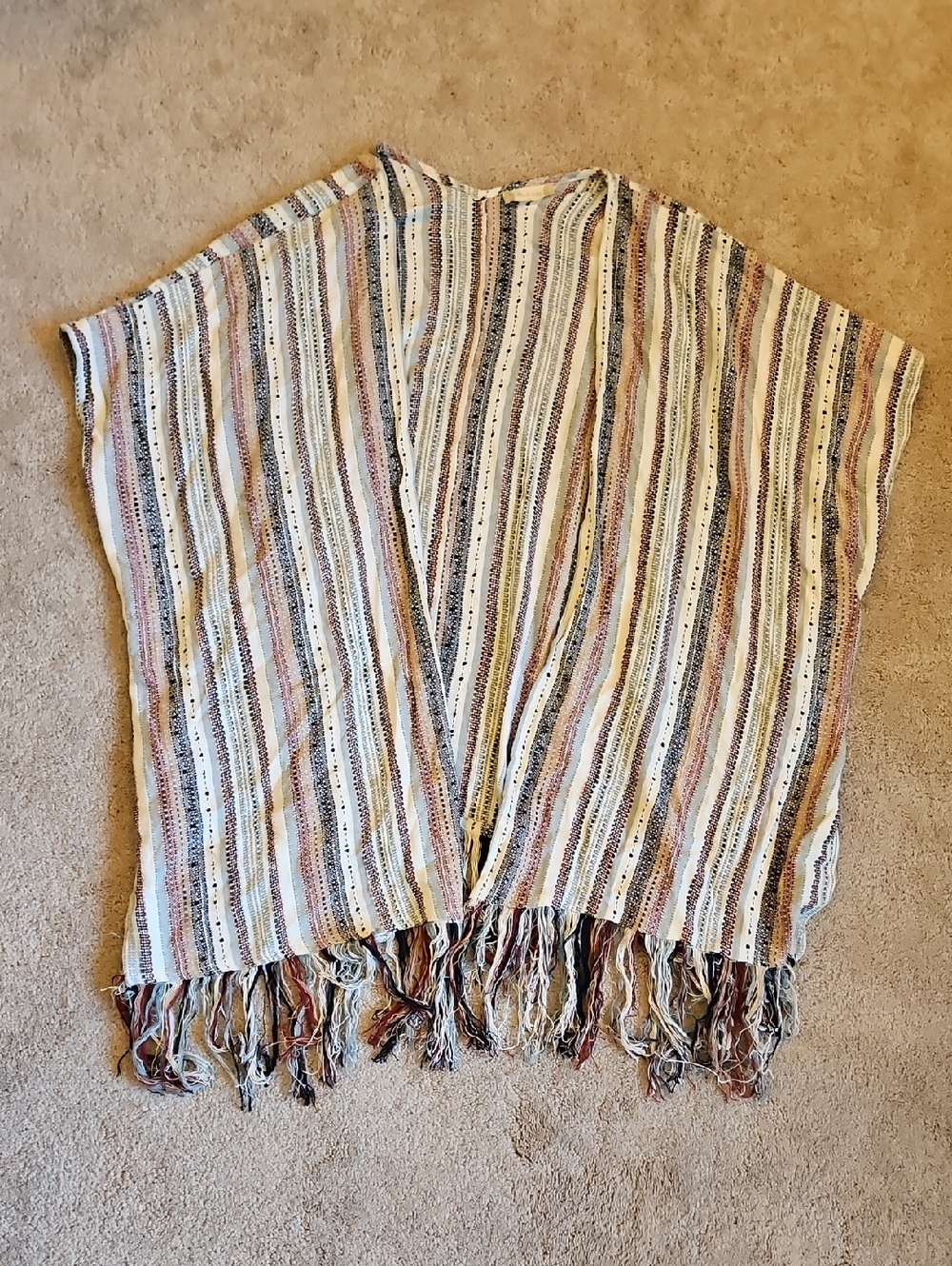 Altar'd State Cream, Blue & Brown Striped Fringe Vest Style Top